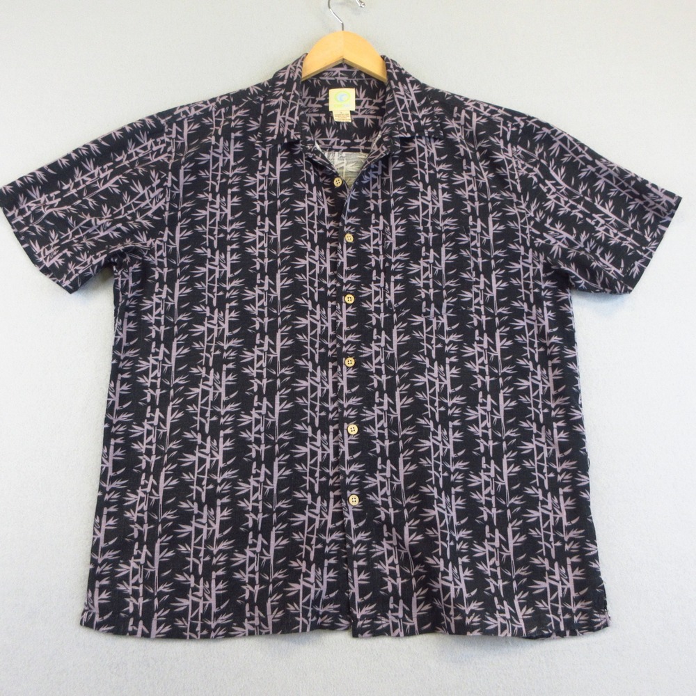 Ohe Kai Shirt Mens L Black Purple Bamboo Rayon Cotton Aloha Camp‎